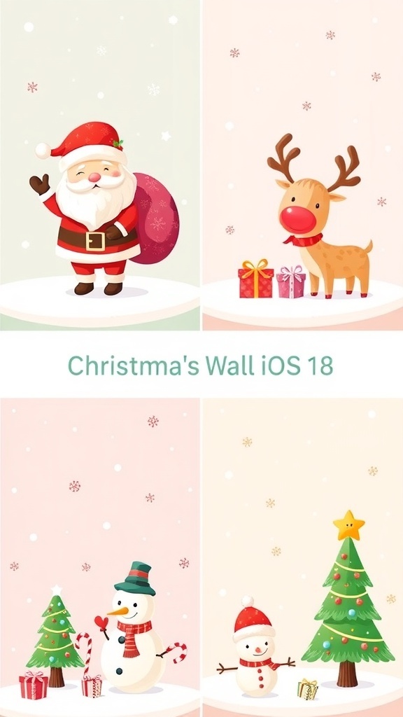 A selection of adorable Christmas wallpapers for iOS 18, including Santa, reindeer, and snowflakes.